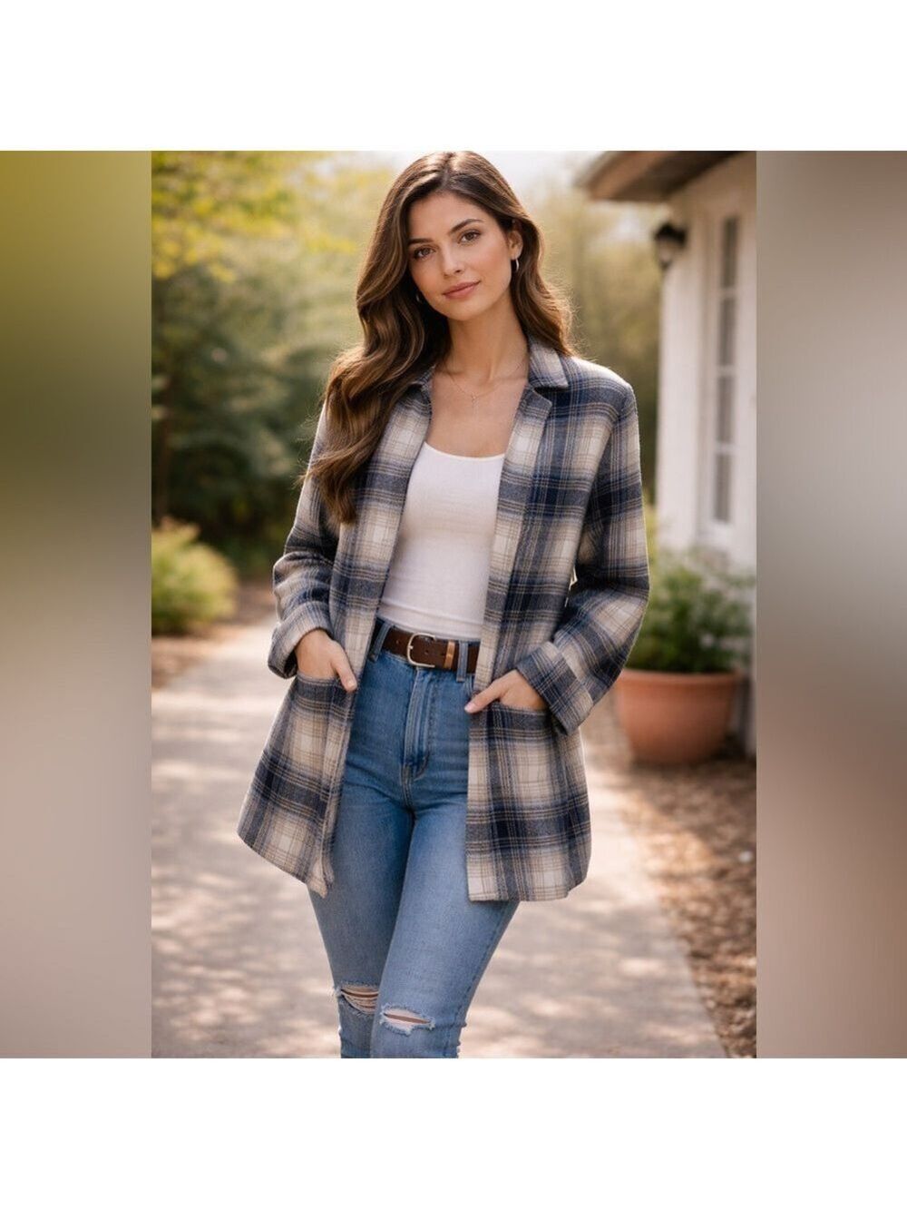 Flannel cardigan blazer jacket with pockets